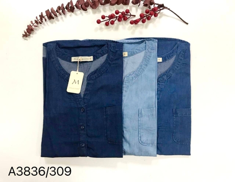 Áo Sơ Mi Cổ Trụ Nằm Tay Lỡ Vải Jean Wash - A3836/309