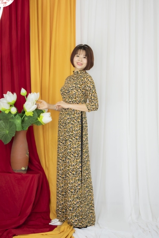 Áo dài hoa nhí cổ cao vải Von Hàn
