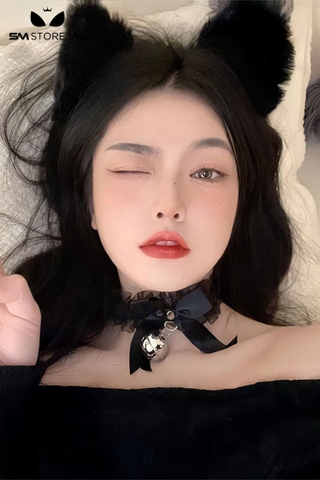 SMP105 - vòng cổ choker đính chuông gắn nơ màu đen trắng