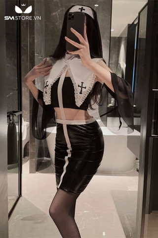 SMS356 - cosplay sơ ôm body gợi cảm với áo và chân váy da sexy