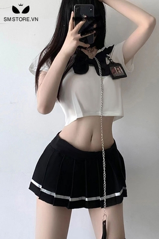 SMS112 - Trang phục cosplay học sinh áo hở eo mix chân váy xếp ly