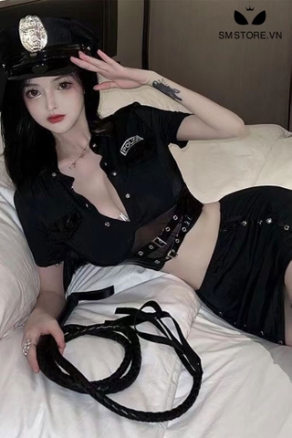 SMS123 - Cosplay cảnh sát áo sơ mi croptop có đai và chân váy ngắn