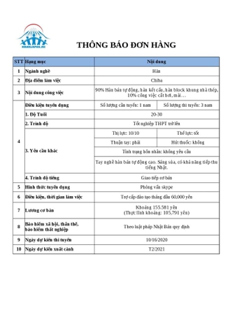 ĐƠN HÀNG THỰC TẬP SINH