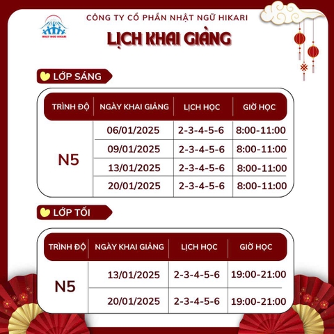 HIKARI - LỊCH KHAI GIẢNG LỚP TIẾNG NHẬT THÁNG 1