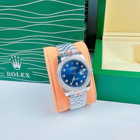 Rolex Đính Đá |Cặp Đôi |Mặt Xanh Dương |Dây Kim Loại Trắng Silver |Máy Pin (Máy Quartz) |Size 36x31mm