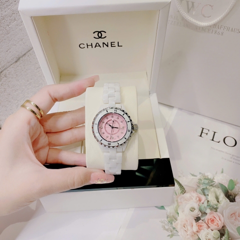 Chanel Hoa J12 |Nữ Giới |Mặt Hồng |Đính Đá |Dây Đá Ceramica Trắng |Máy Pin (Quartz) |Size 34mm