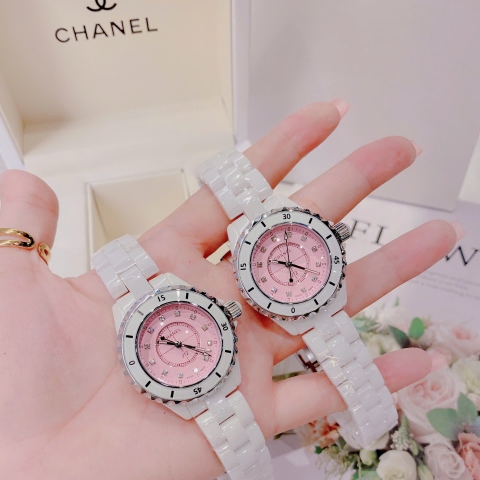 Chanel Hoa J12 |Nữ Giới |Mặt Hồng |Đính Đá |Dây Đá Ceramica Trắng |Máy Pin (Quartz) |Size 34mm