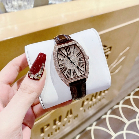 Chopard Mặt Oval |Nữ Giới |Đính Đá Rose Gold |Dây Da Nâu |Máy Pin (Quartz) |Size 34mm