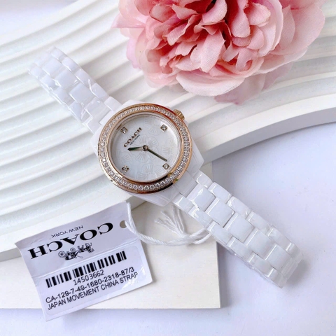 Coach Rose Gold |Nữ Giới |Mặt Xà Cừ Hoa |Dây Đá Ceramic Trắng |Máy Pin (Quartz) |Size 32mm
