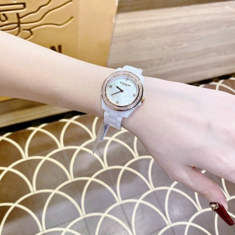 Coach Rose Gold |Nữ Giới |Mặt Xà Cừ Hoa |Dây Đá Ceramic Trắng |Máy Pin (Quartz) |Size 32mm