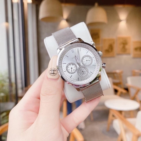 Davena 6 Kim |Nữ Giới |Mặt Tròn Trắng |Dây Mesh Lưới Trắng |Máy Pin (Quartz) |Size Lớn 38mm