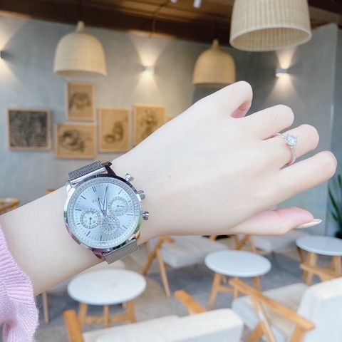 Davena 6 Kim |Nữ Giới |Mặt Tròn Trắng |Dây Mesh Lưới Trắng |Máy Pin (Quartz) |Size Lớn 38mm