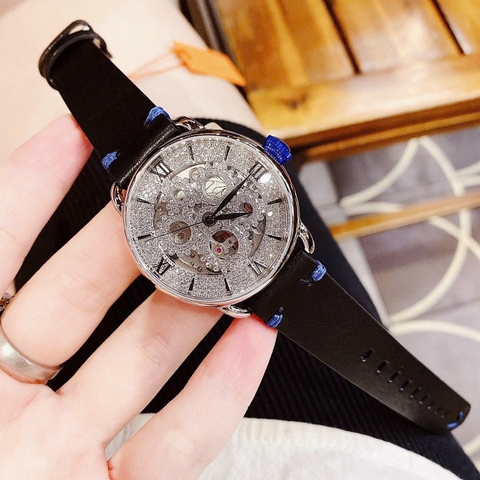 Davena Lộ Máy |Nữ Giới |Full Đá Silver |Dây Da Đen |Máy Tự Động (Automatic) |Size 38mm