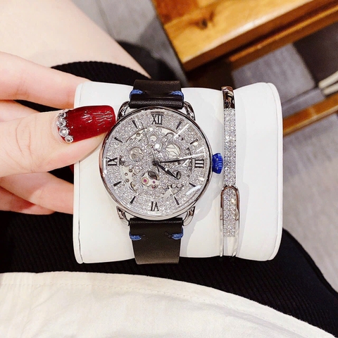 Davena Lộ Máy |Nữ Giới |Full Đá Silver |Dây Da Đen |Máy Tự Động (Automatic) |Size 38mm