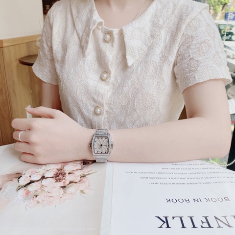 Davena Mặt Chữ Nhật |Nữ Giới |Full Đá Trắng Silver |Dây Kim Loại |Máy Pin |Size 34x38mm