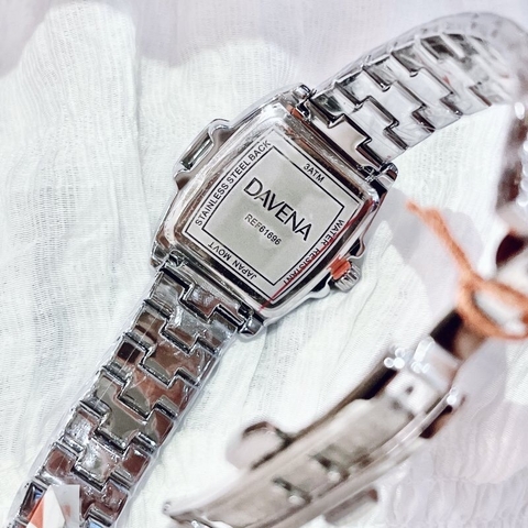 Davena Mặt Chữ Nhật |Nữ Giới |Full Đá Trắng Silver |Dây Kim Loại |Máy Pin |Size 34x38mm