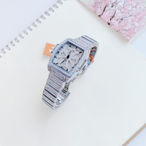 Davena Mặt Chữ Nhật |Nữ Giới |Full Đá Trắng Silver |Dây Kim Loại |Máy Pin |Size 34x38mm