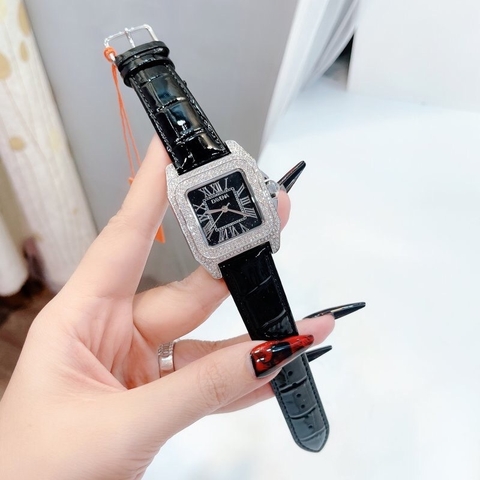 Davena Mặt Vuông Đen |Nữ Giới |Đính Đá |Dây Da Đen |Máy Pin (Máy Quartz) |Size Lớn 37mm