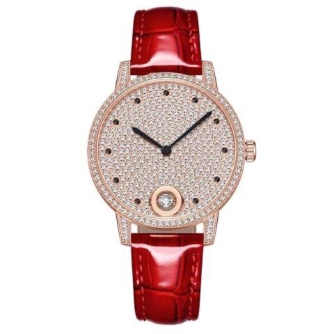 Davena Cartier |Nữ Giới |Full Đá |Rose Gold |Dây Da Đỏ |Máy Pin (Máy Quartz) |Size 34mm
