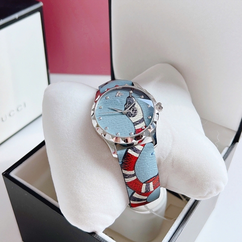 Gucci G-Timeless Textured-Snake |Nữ |Dây Da Xanh Dương Họa Tiết Rắn |Máy Pin (Quartz) |Size 38mm