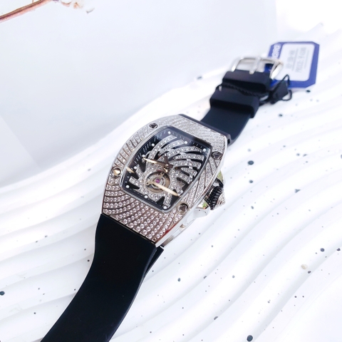 Hanboro Lốc Xoáy |Nữ Giới |Full Đá |Trắng Silver |Dây Cao Su |Máy Pin (Quartz) |Size 32x36mm