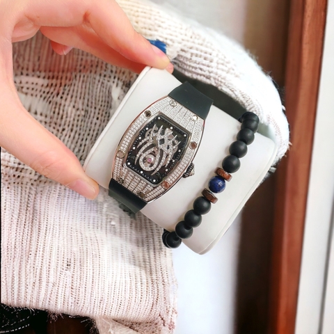 Hanboro Mặt Nhện |Cặp Đôi |Đính Đá |Trắng Silver |Dây Cao Su |Nữ 32x36mm |Nam 40x50mm