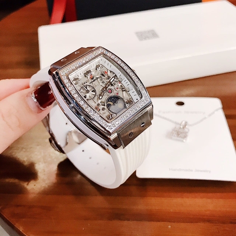 Hanboro Moonphase |Nữ Giới |Mặt Chữ Nhật |Silicone Trắng |Máy Pin (Quartz) |Size 32x36mm