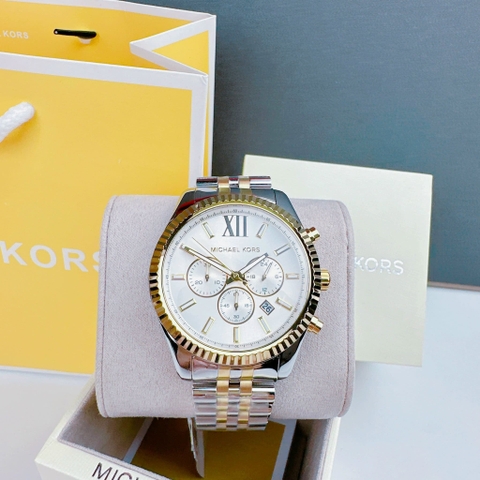 Michael Kors Lexington |Nam Giới |Mặt Trắng |Dây Kim Loại Demi Vàng |Máy Pin |Size Lớn 45mm