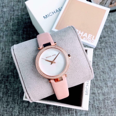 Michael Kors Parker Mini |Nữ Giới |Đính Đá |Dây Da Hồng |Máy Pin (Quartz) |Size 33mm