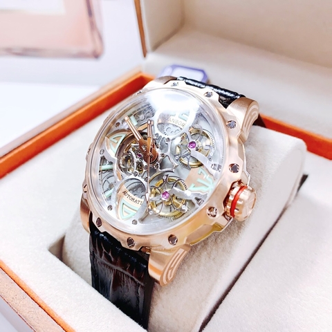 Hanboro Mặt Cỏ 4 Lá |Nam Giới |Dây Da |Full Rose Gold |Máy Cơ (Automatic) |Size 43mm