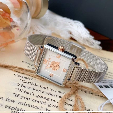 Coach Cass Hoa Trà |Nữ Giới |Mặt Vuông Trắng Silver |Máy Pin (Quartz) |Size 22mm