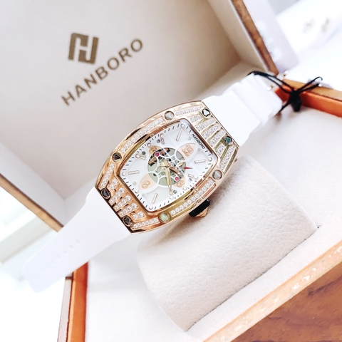 Hanboro Rose Gold |Nữ Giới |Mặt Oval |Dây Cao Su Trắng |Máy Pin (Quartz) |Size 32x45mm