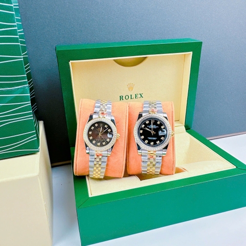 Rolex Đính Đá |Cặp Đôi |Mặt Đen |Dây Kim Loại Demi Vàng |Máy Pin (Máy Quartz) |Size 36x31mm