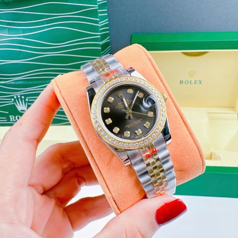 Rolex Đính Đá |Cặp Đôi |Mặt Đen |Dây Kim Loại Demi Vàng |Máy Pin (Máy Quartz) |Size 36x31mm