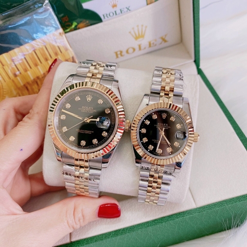 Rolex Niềng Khía |Cặp Đôi |Mặt Đen |Dây Kim Loại Demi Vàng Gold |Máy Pin (Máy Quartz) |Size 41x31mm