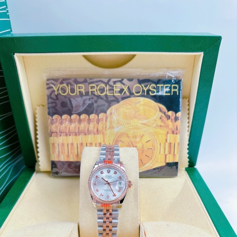 Rolex Đính Đá |Nữ Giới |Mặt Trắng |Dây Kim Loại Trắng Demi Rose |Máy Pin (Máy Quartz) |Size 31mm