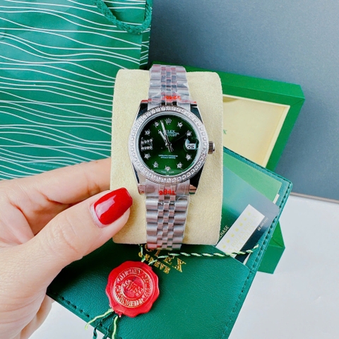 Rolex Đính Đá Ngôi Sao |Nữ Giới |Xanh Lá |Đính Đá |Dây Kim Loại Silver |Máy Pin (Máy Quartz) |Size 31mm