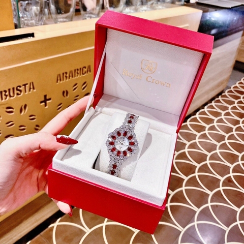 Royal Crown Đính Đá Đỏ |Nữ Giới |Tựa Bông Hoa |Lắc Tay Silver |Máy Pin (Quartz) |Size 36mm