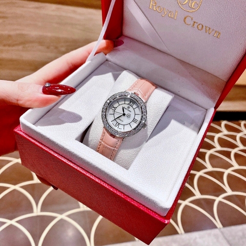 Royal Crown Đính Đá |Nữ Giới |Mặt Tròn |Khảm Trai |Dây Da Hồng |Máy Pin (Quartz) |Size 34mm