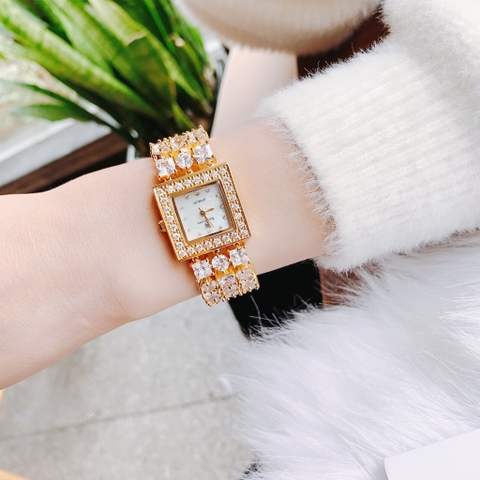 Royal Crown Đính Đá Swarovski |Nữ Giới |Mặt Vuông |Vòng Tay Vàng Gold |Máy Pin (Quartz) |Size 26mm