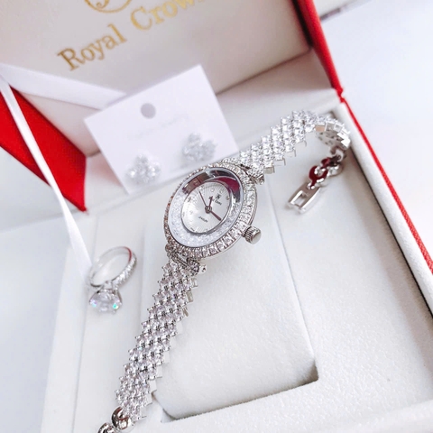 Royal Crown Full Đá Rơi |Nữ Giới |Lắc Tay Trắng Silver |Máy Pin (Quartz) |Size 30mm