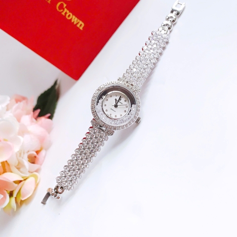 Royal Crown Full Đá Rơi |Nữ Giới |Lắc Tay Trắng Silver |Máy Pin (Quartz) |Size 30mm