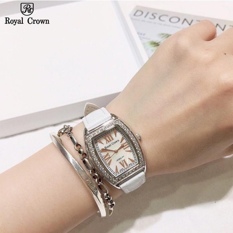 Royal Crown Mặt Oval |Nữ Giới |Đính Đá |Dây Da Trắng |Máy Pin (Quartz) |Size 24x30mm
