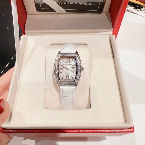 Royal Crown Mặt Oval |Nữ Giới |Đính Đá |Dây Da Trắng |Máy Pin (Quartz) |Size 24x30mm