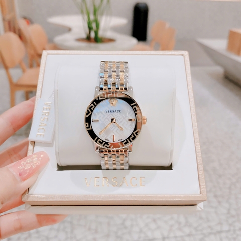 Versace Greca Glass Bracelet |Nữ Giới |Mặt Trắng |Dây Kim Loại Demi Vàng |Máy Pin (Quartz) |Size 32mm
