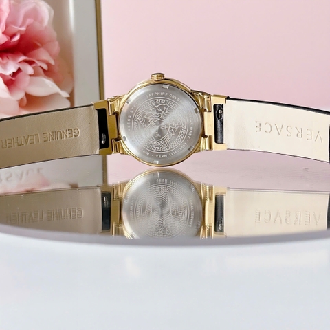 Versace Greca Logo 3 Kim |Nữ Giới |Mặt Trắng |Vàng Gold |Dây Da Đen |Máy Pin (Quartz) |Size 38mm