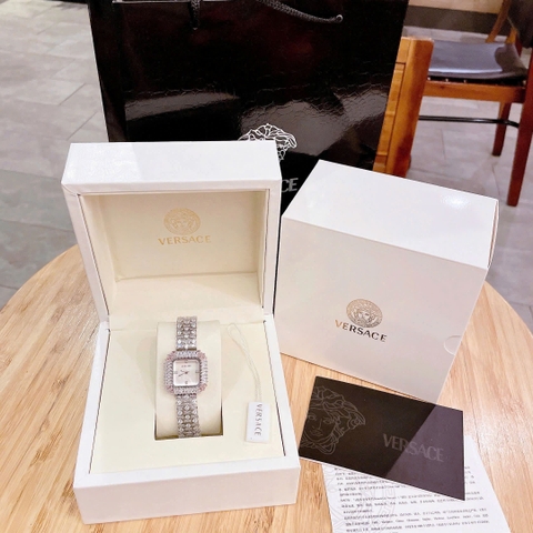Versace Mặt Vuông |Nữ Giới |Đính Pha Lê |Lắc Tay Trắng Silver |Máy Pin (Quartz) |Size 32mm