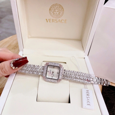 Versace Mặt Vuông |Nữ Giới |Đính Pha Lê |Lắc Tay Trắng Silver |Máy Pin (Quartz) |Size 32mm