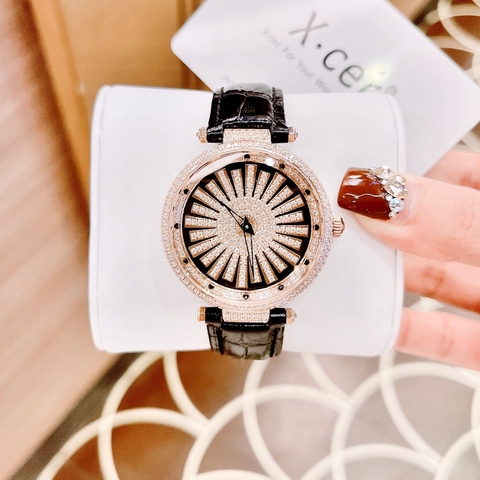 Xcer Cánh Hoa Xoay |Nữ Giới |Đính Đá |Rose Gold |Dây Da Màu Đen |Pin (Máy Quartz) |Size 35mm