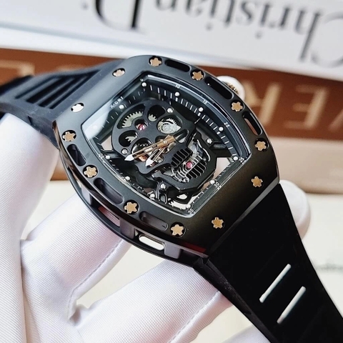 Xcer Hình Đầu Lâu |Nam Giới |Mặt Oval |Full Đen |Dây Silicone |Máy Pin (Quartz) |Size 42mm